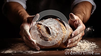 Baker's hands holding a loaf of fresh rustic bread. Baking healthy homemade bread. Generative AI Stock Photo